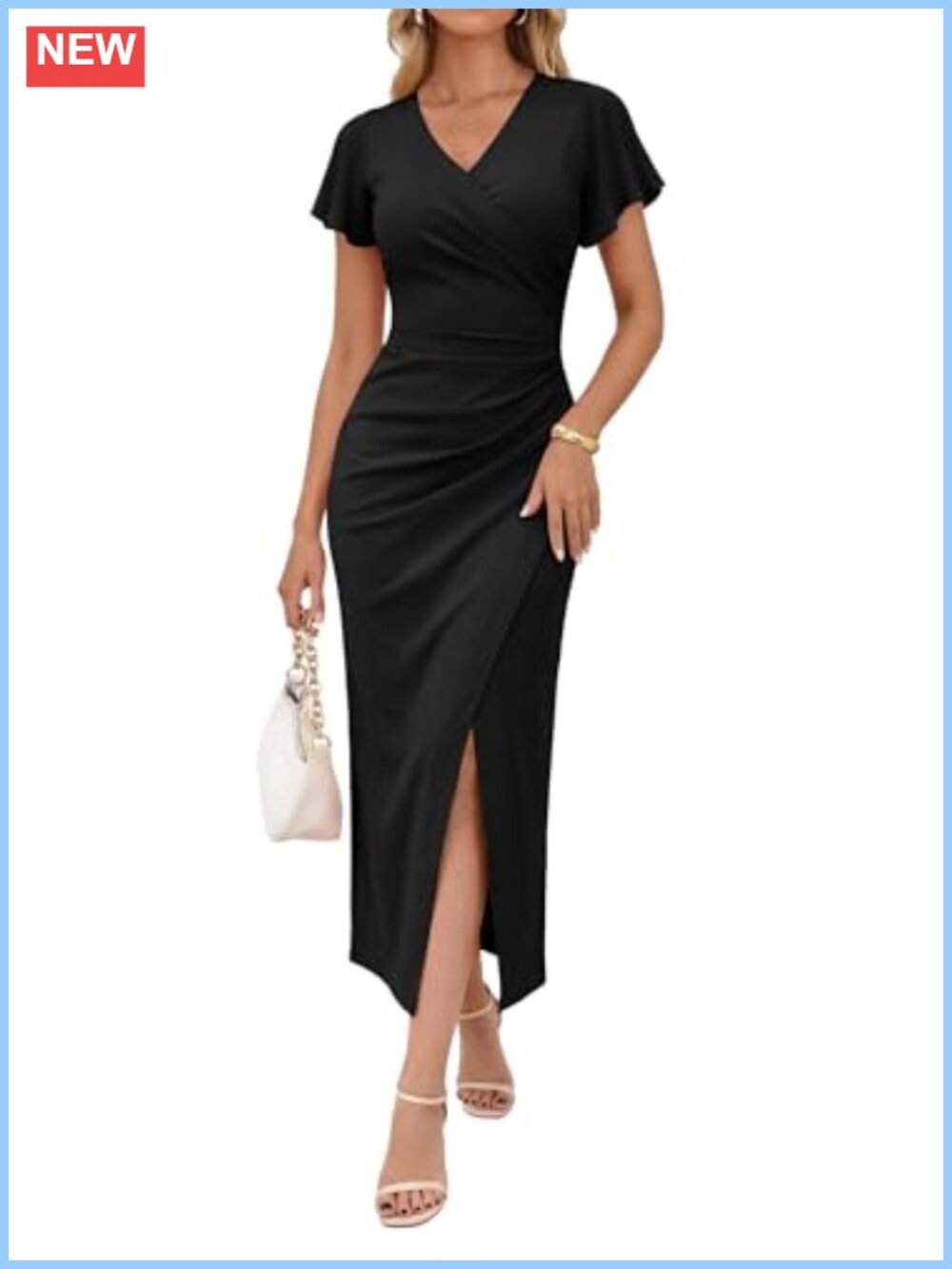 Sexy V Neck Faux Wrap Ruffle Sleeve Bodycon Ruched Cocktail Party Maxi Dress